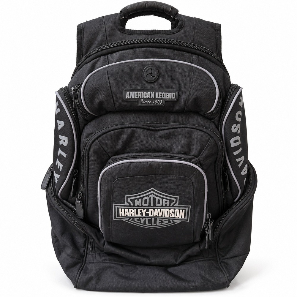 Harley Davidson Backpack American Legend Black Canvas Multi Pocket Biker Bag